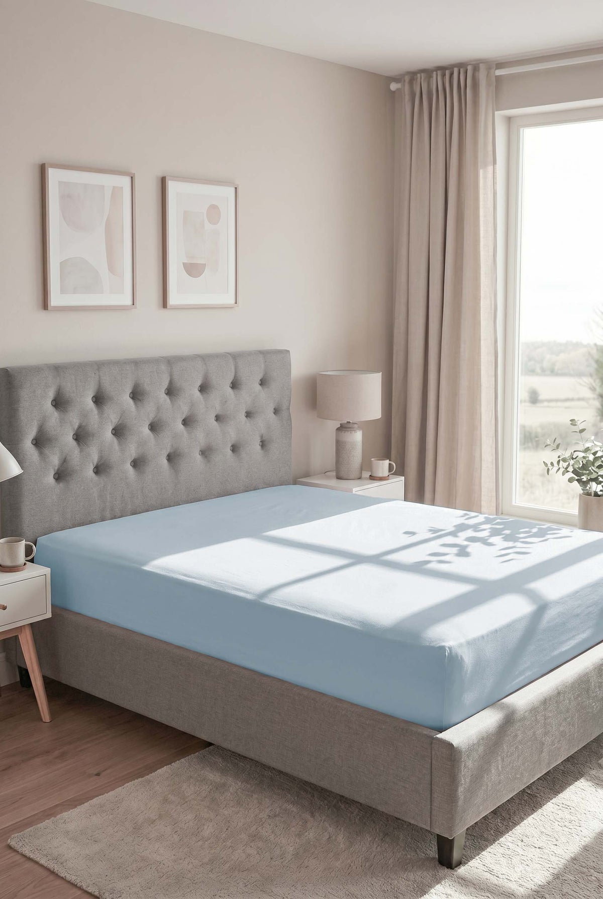 biberna Feinbiber Spannbetttuch – Taubenblau im Schlafzimmer