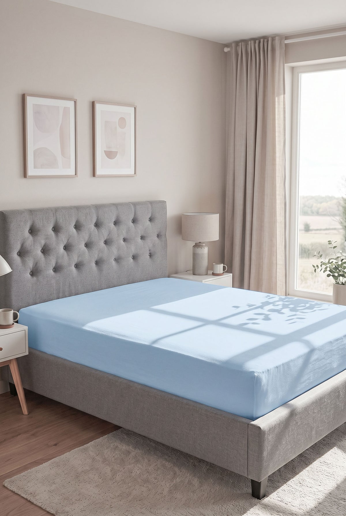 biberna Jersey Spannbetttuch – Taubenblau im Schlafzimmer