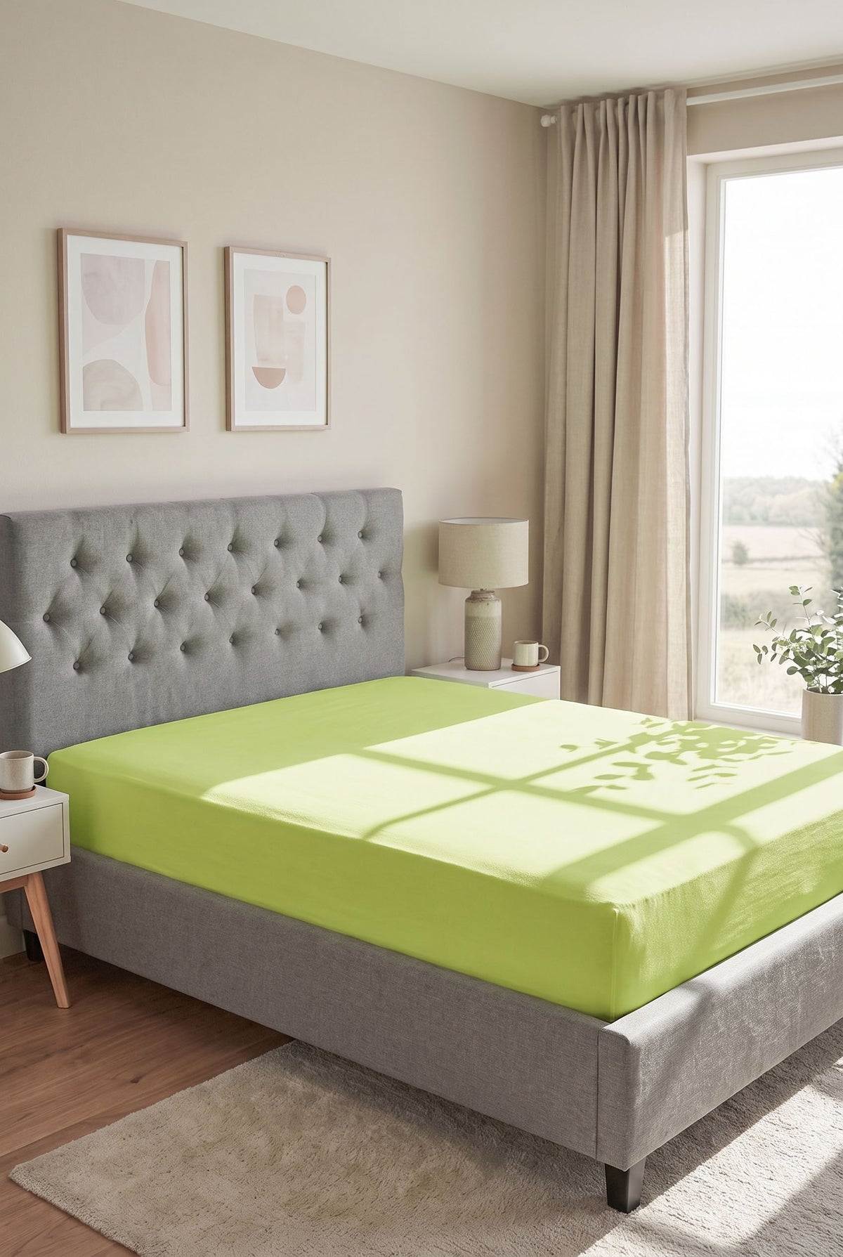 biberna Jersey Spannbetttuch – Pistaziengrün im Schlafzimmer