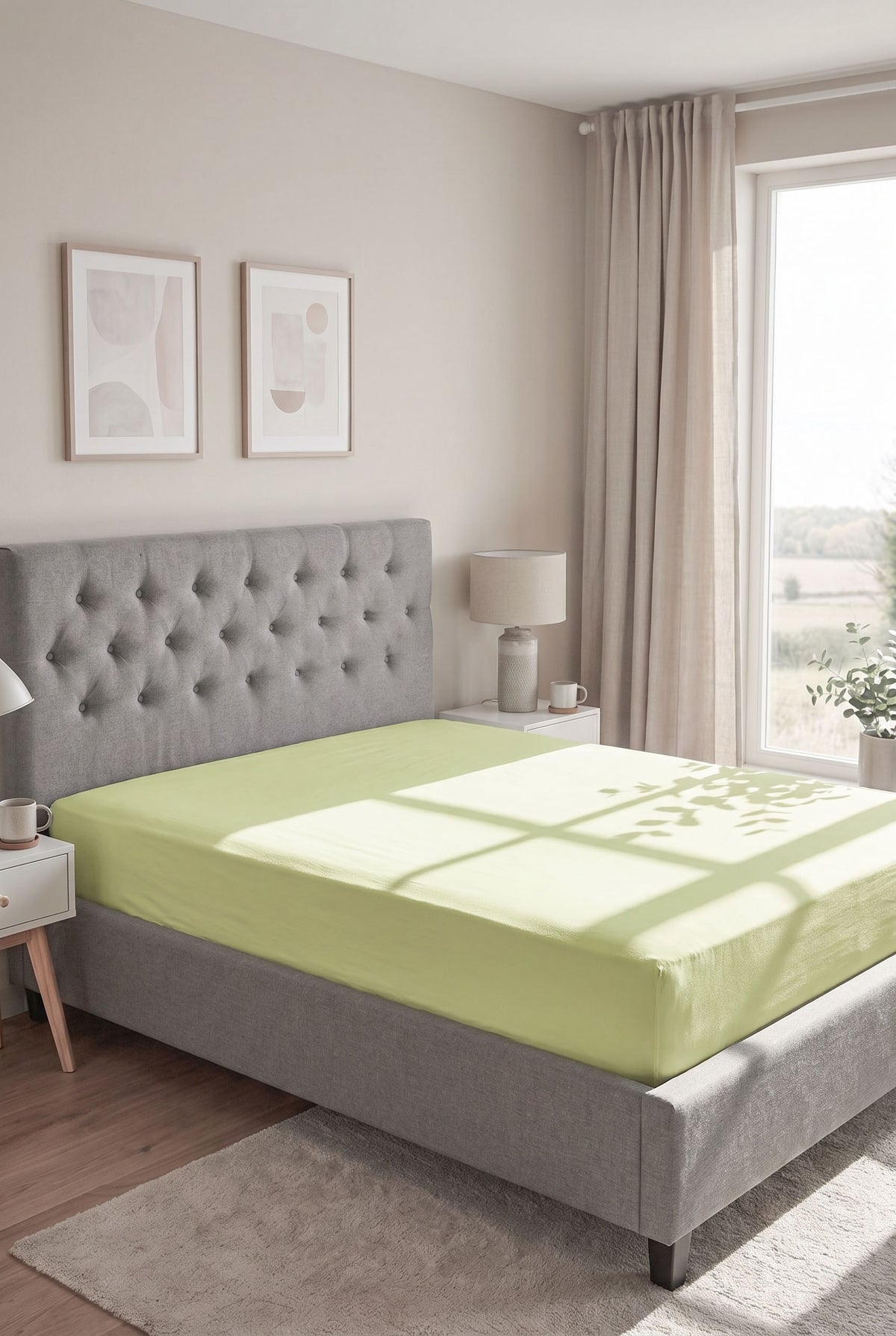 biberna Jersey-Elastic Spannbetttuch – Pistaziengrün im Schlafzimmer