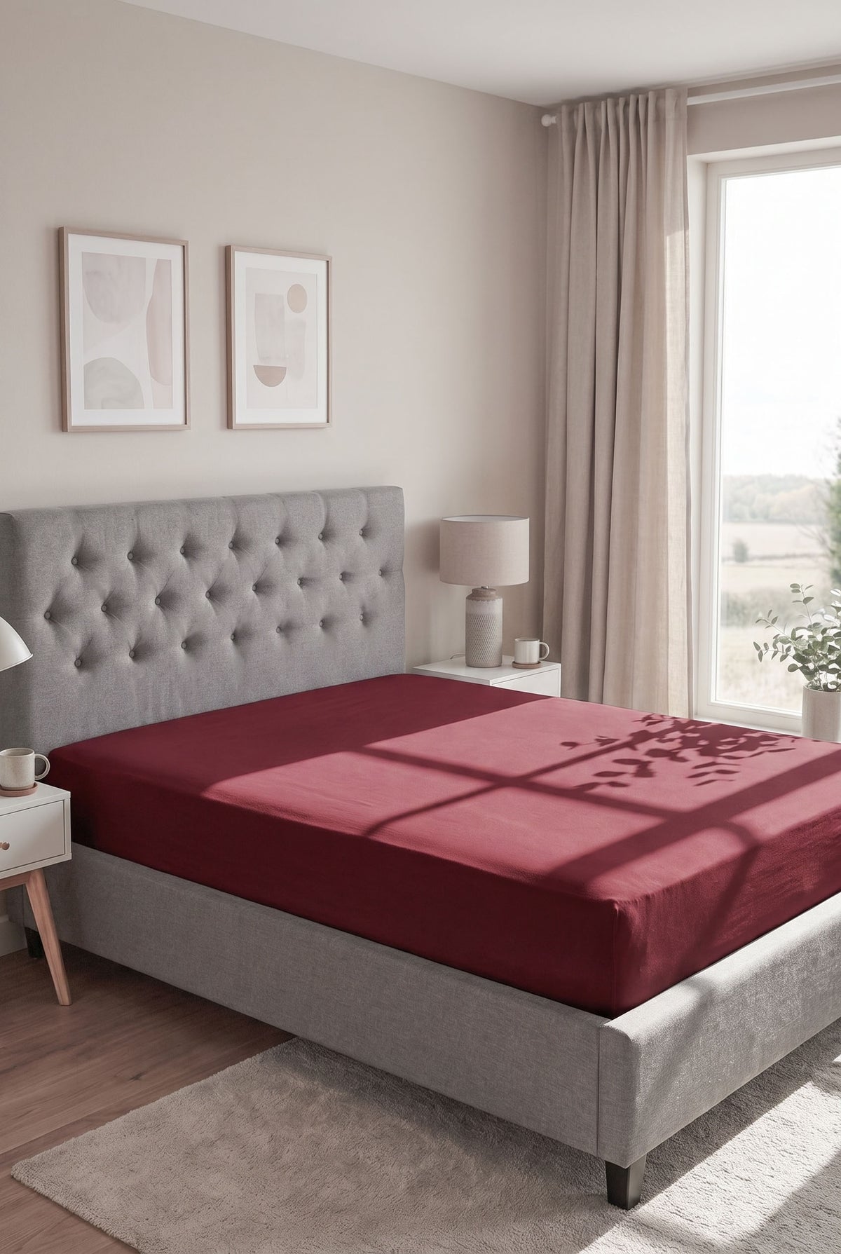 biberna Jersey-Elastic Spannbetttuch – Burgund im Schlafzimmer